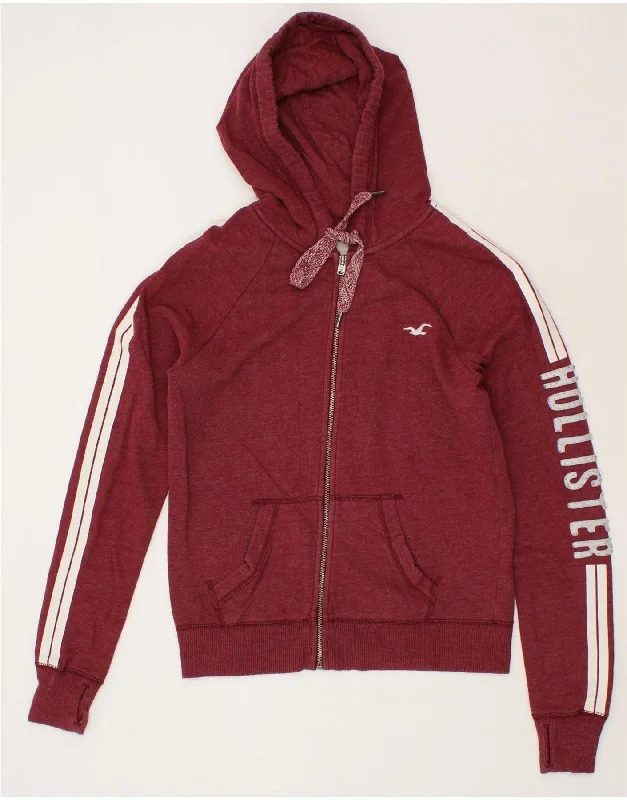 Instant Discount HOLLISTER Womens Graphic Zip Hoodie Sweater UK 14 Medium Maroon Cotton