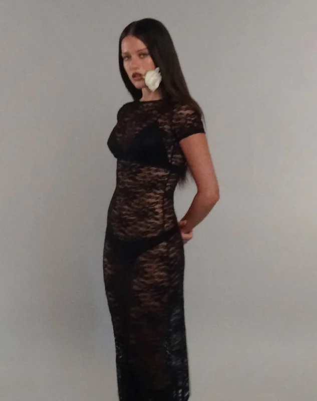 Don't Miss Detrie Low Back Lace Midi Dress in Jet Black Lace