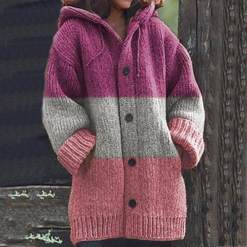 Lowest Prices DressBetty - Winter Striped Stitching Cardigan Women Korean Version Loose Hooded Cardigan Sweet Long Sleeve Warm Coat Gilet Femme Clothes