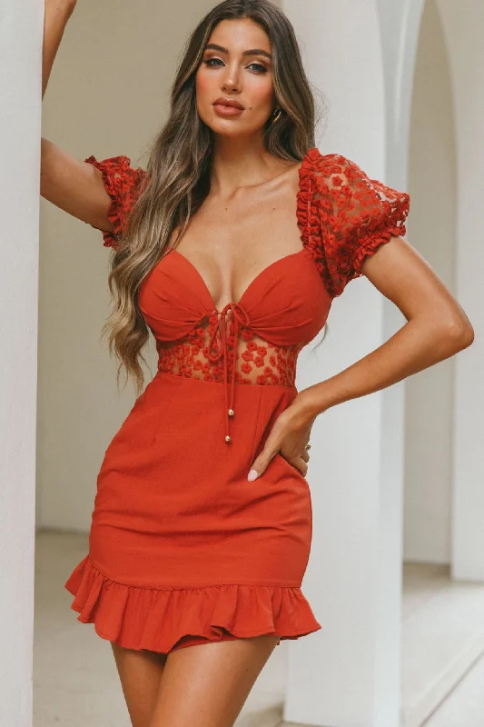 Loyalty Reward Field Dreams Puff Sleeve Tie-Up Bodice Floral Embroidery Mini Dress Rose
