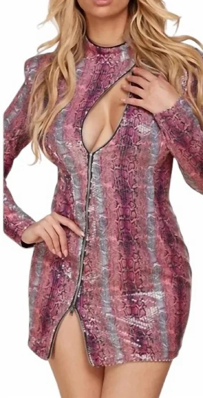 Limited Time Offer Sequins Snake Print Front Cut Out Mini Dress In Pink