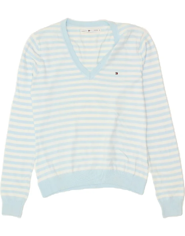 Daily Specials TOMMY HILFIGER Womens V-Neck Jumper Sweater UK 10 Small Blue Striped