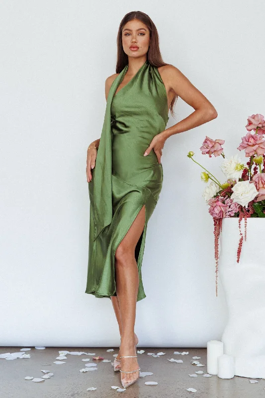 Special Discount Italian Summer Tie Neck Midi Dress Olive