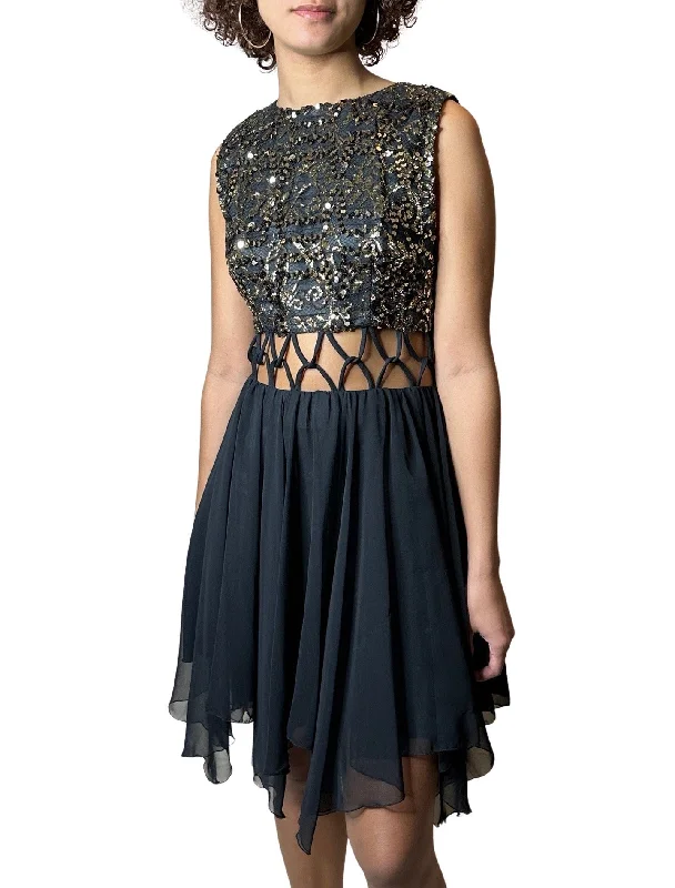 Referral Discount Cute 1980's Vintage Black with Gold Sequin Dress UK 10 - 12