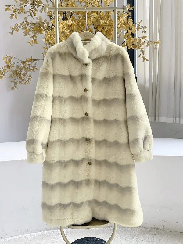 Act Now Beige 1950s Stripe Faux Fur Plush Coat