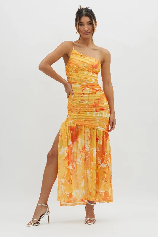Year-End Sale Golden Sun One-Shoulder Ruched Maxi Dress Yellow