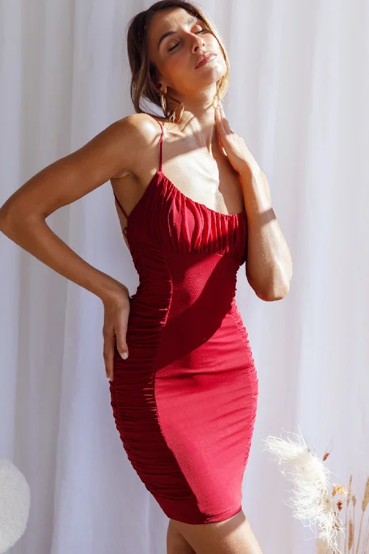 The Best Prices Hola, Chica! Ruched Mesh Open Back Mini Dress Plum
