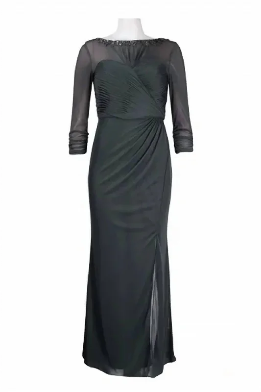 YEAR-End Sale Beaded Sheer Sleeve Ruched Gown In Smoke