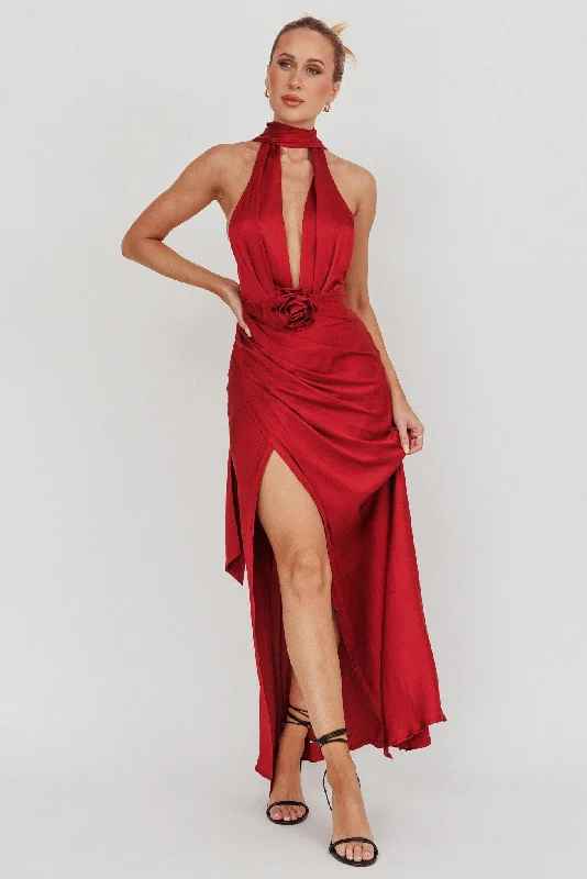 Seasonal Clearance Italia Azure Halterneck Rosette Maxi Dress Wine
