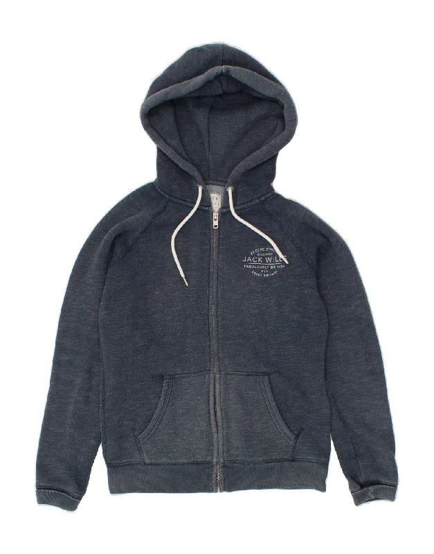 Lowest Price JACK WILLS Womens Graphic Zip Hoodie Sweater UK 10 Small Navy Blue Cotton