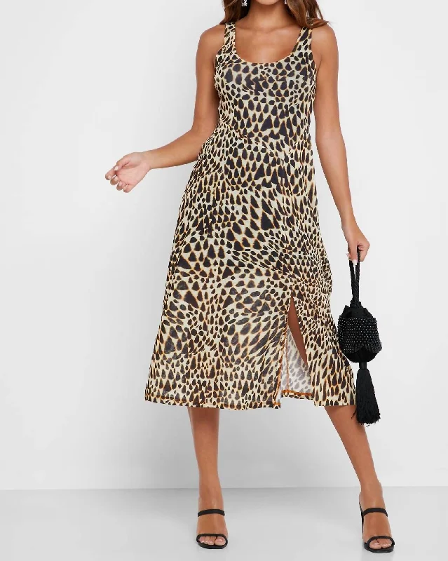 Friends and Family Sale Animal Print Plunge Neckline Mesh Midi Dress In Multicolor