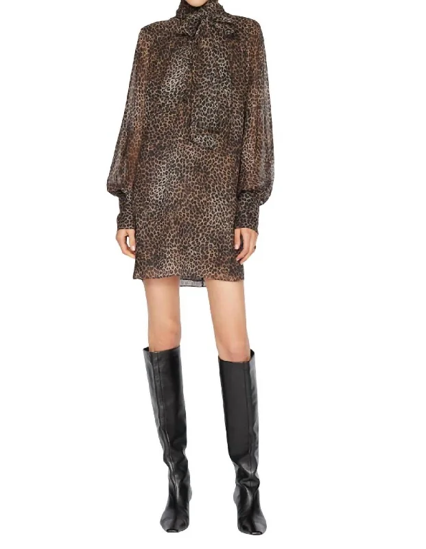 Special Discount Tie Neck Mini Dress In Leopard Multi