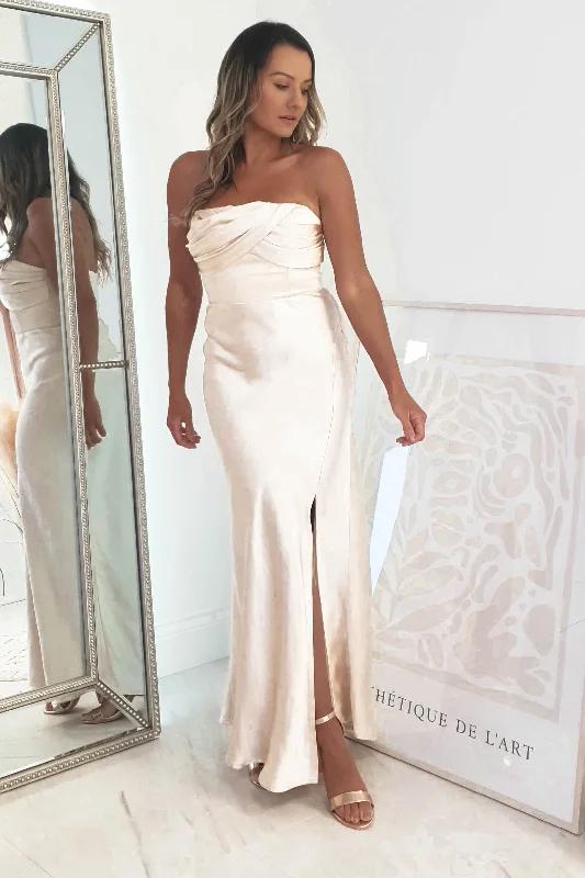 Price Fest Everly Strapless Satin Midi Dress | Champange