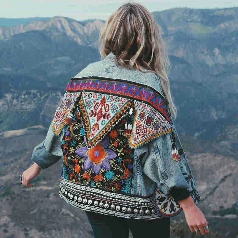 Best Bargains DressBetty - Boho Denim  Floral Appliques Embroidery Vintage Coat