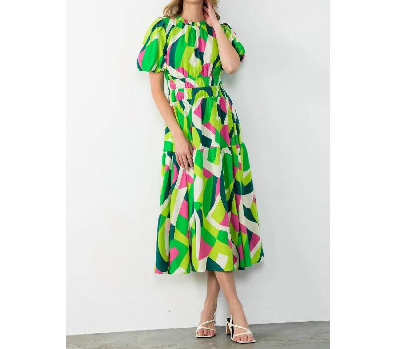 Year-End Sale Puff Sleeve Multi Color Maxi Dress In Green
