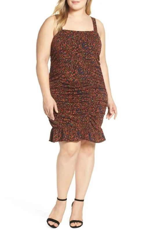 Overstock Plus Size Floral Print Above Knee Ruffle Ruched Strappy Dress In Multi Color