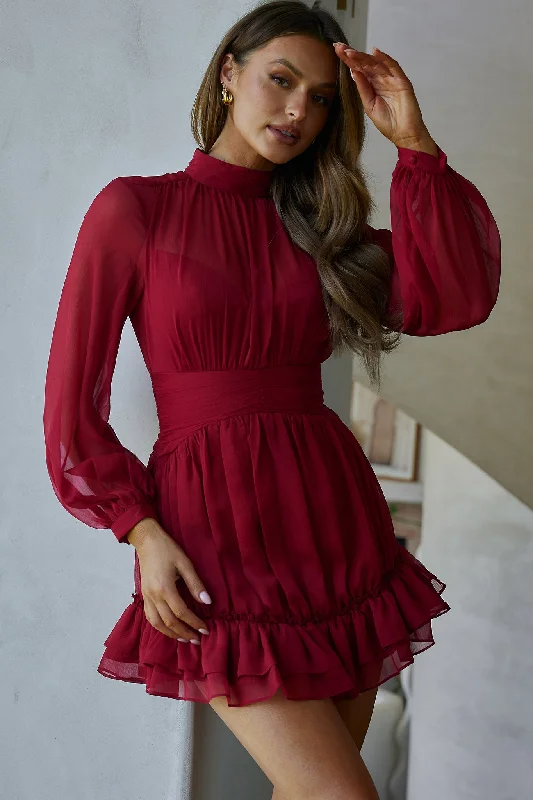 YEAR-End Sale Mandalay High Neck Long Sleeve Waistband Dress Wine