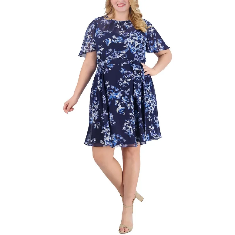 New Markdowns Plus Womens Printed Flutter Sleeve Mini Dress