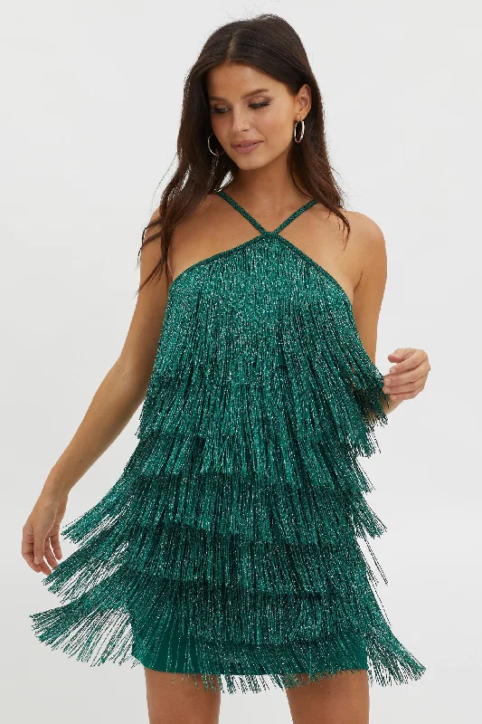 Deep Discounts Boulevarde Fringe Trim Mini Dress Dark Green