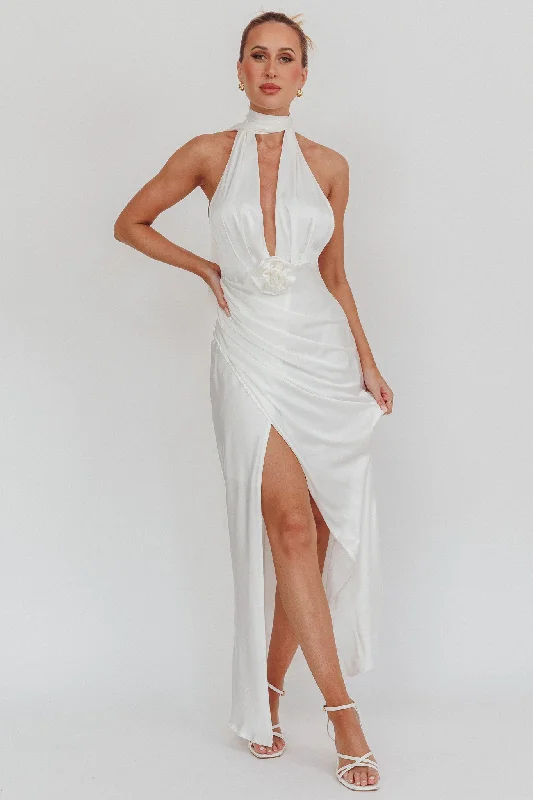 Today’s Deal Italia Azure Halterneck Rosette Maxi Dress Oyster