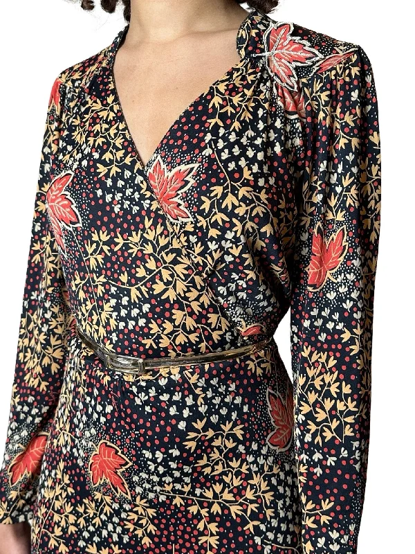 Shop and Save Gorgeous Autumnal Leaf Print 1970's Vintage Dress UK 8 - 12