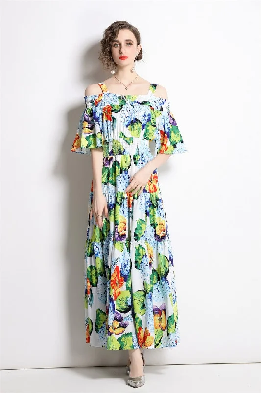 Can't Miss Light blue & Green floral print Day A-line Strap Off The Shoulder Tea Dress