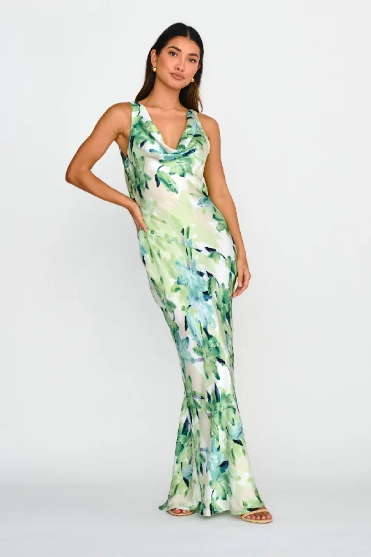 Deep Discounts Cassiopeia Open Back Maxi Dress Lily Print Blue