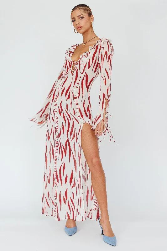 Last Chance Oasis Moon Frill Trim Maxi Dress Printed Ruby