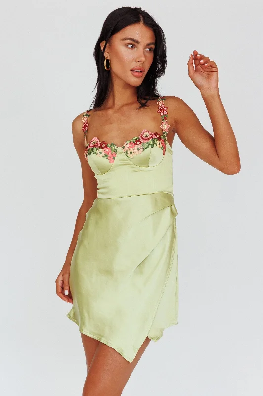 Today’s Special Rose Garden Floral Applique Wrap Mini Dress Lime