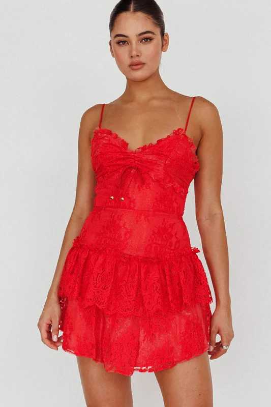 Closeout St Tropez Cami Strap Frill Trim Lace Mini Dress Red