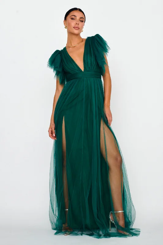 Flash Sale Heaven's Love Deep V-Neck Tulle Maxi Dress Hunter Green