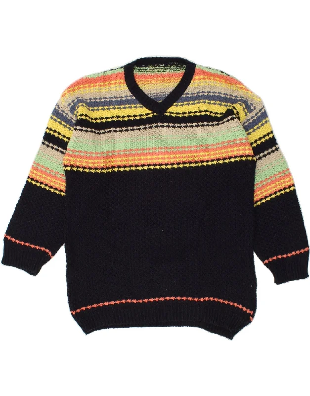 Low Prices VINTAGE Womens V-Neck Jumper Sweater UK 14 Large Black Striped Cotton