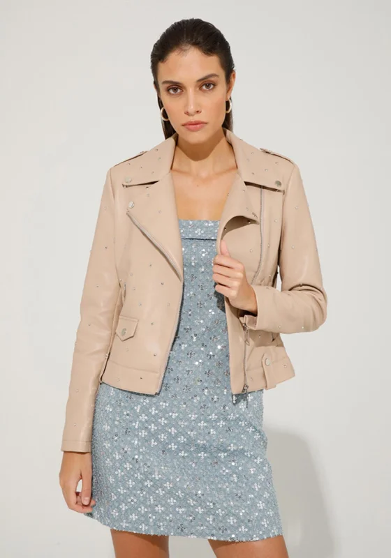 Overstock Goa Goa Rivet Detail Leather Jacket, Beige