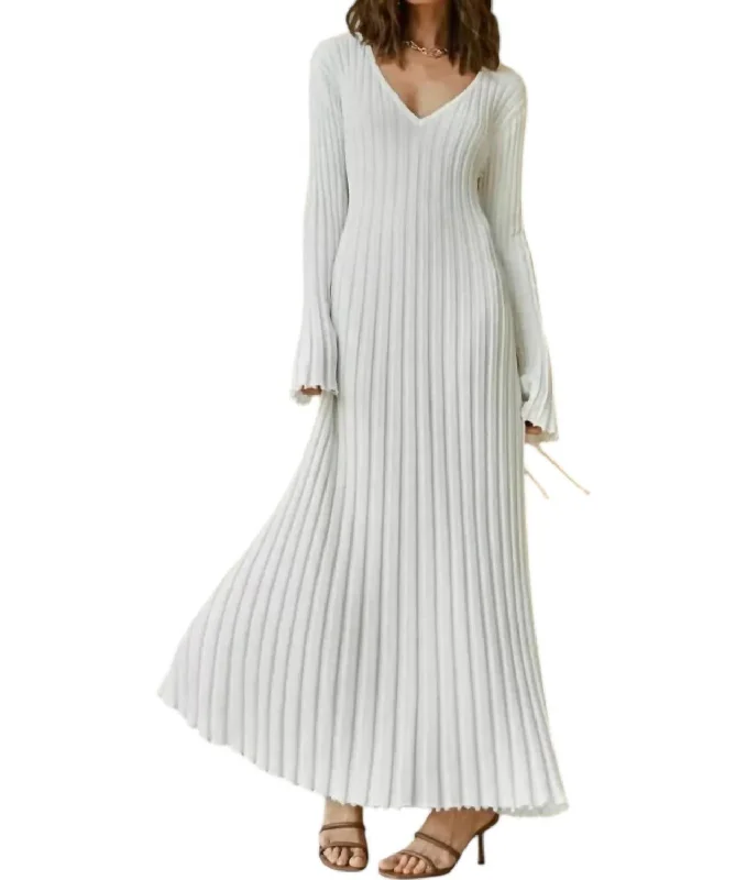 New Deals Long Sleeved V-Neck Sweater Knit Dress In White