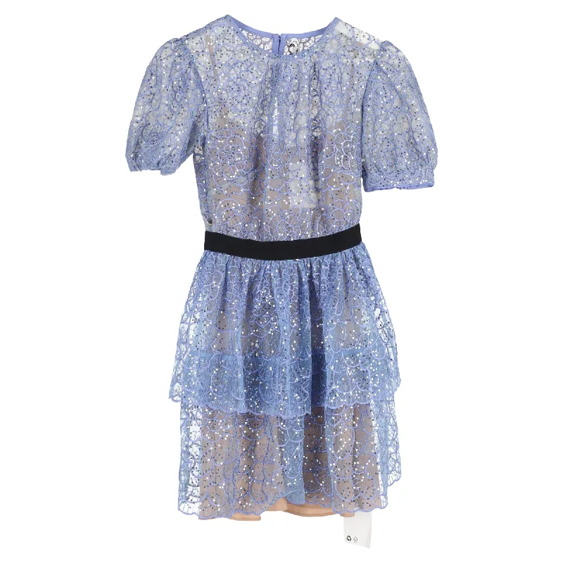 Year-End Sale Self-Portrait Sequined Lace Mini Dress in Blue Polyester