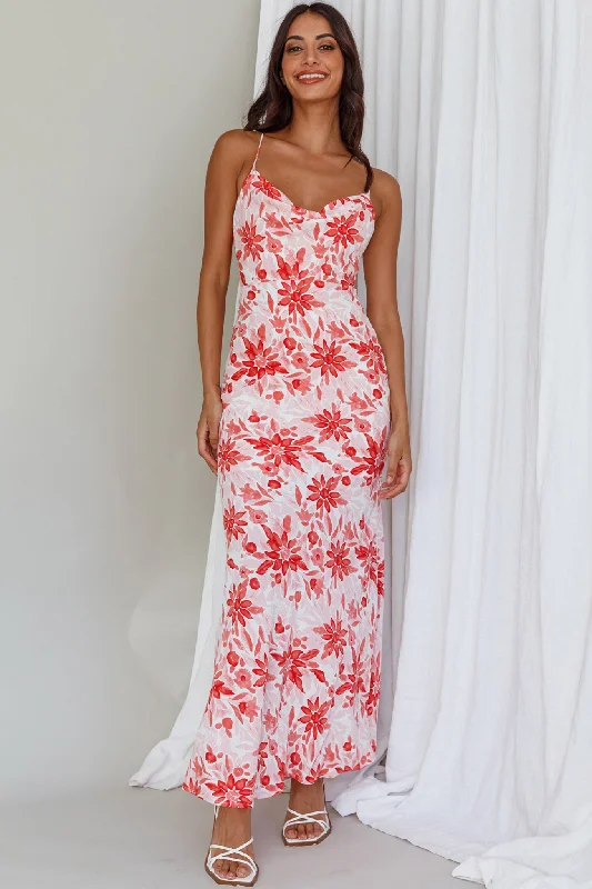Inventory Reduction Janaina Tie-Up Back Maxi Dress Floral Red
