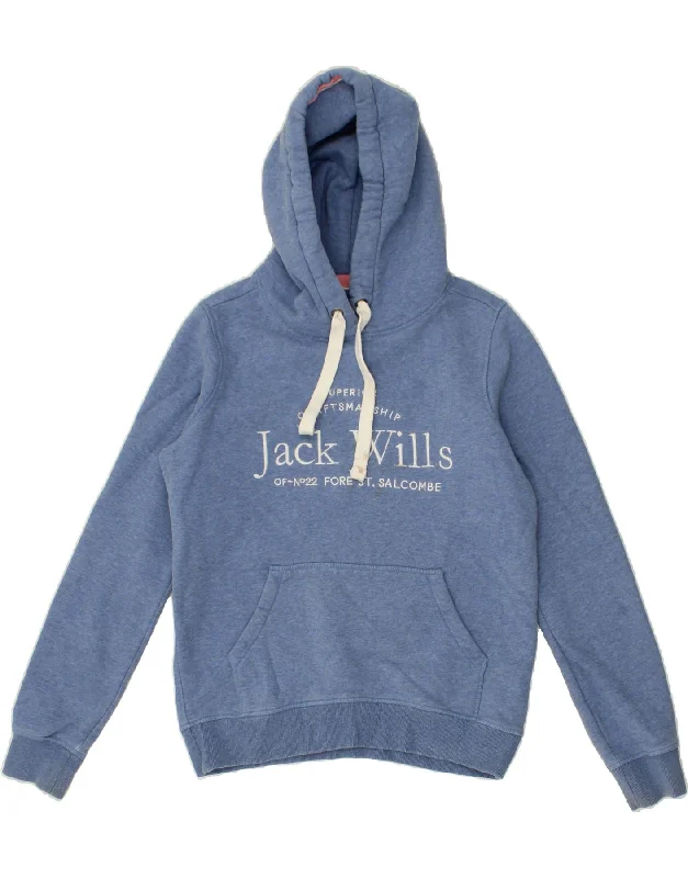 Bargain Bin JACK WILLS Womens Graphic Hoodie Jumper UK 8 Small Blue Cotton