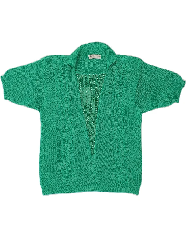 Unbeatable Prices VINTAGE Womens Short Sleeve Polo Neck Jumper Sweater IT 48 XL Green Cotton