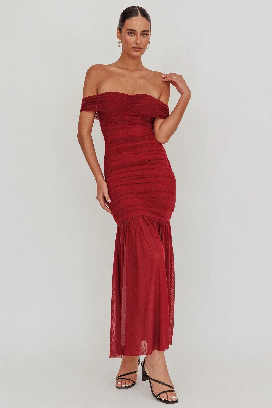 Bargain Blast La Salle Off Shoulder Mesh Maxi Dress Wine