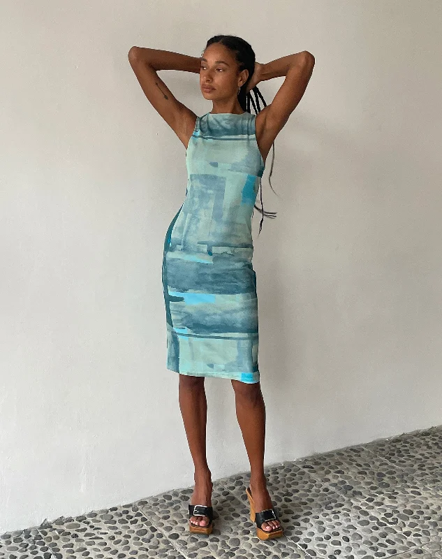 Anniversary Sale MOTEL X JACQUIE Indie Midi Dress in Mesh Green and Blue Abstract Paint Brush