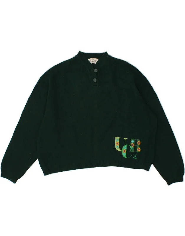 Mega Deal BENETTON Womens Graphic Crop Button Neck Jumper Sweater IT 46 Large Green