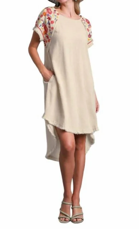 Exclusive Preview Linen Short Sleeve Embroidery High Low Dress In Oatmeal