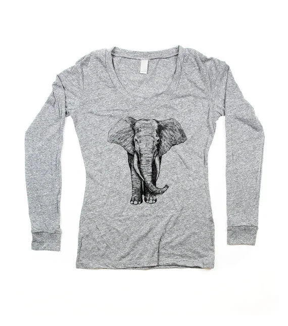 Stock Up and Save Womens Grey Elephant V-Neck Longsleeve