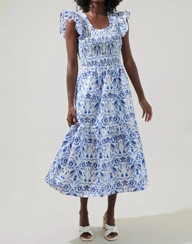 Savings Galore Marisol Floral Smock Midi Dress In White-Blue