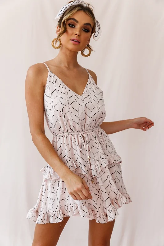 Quick Sale Provence Frill Trim Drawstring Waist Dress Polka Dot Print Blush