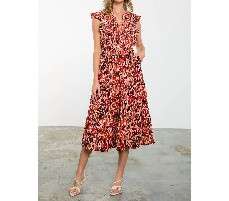 Act Now Flutter Sleeve Abstract Print Dress In Mauve