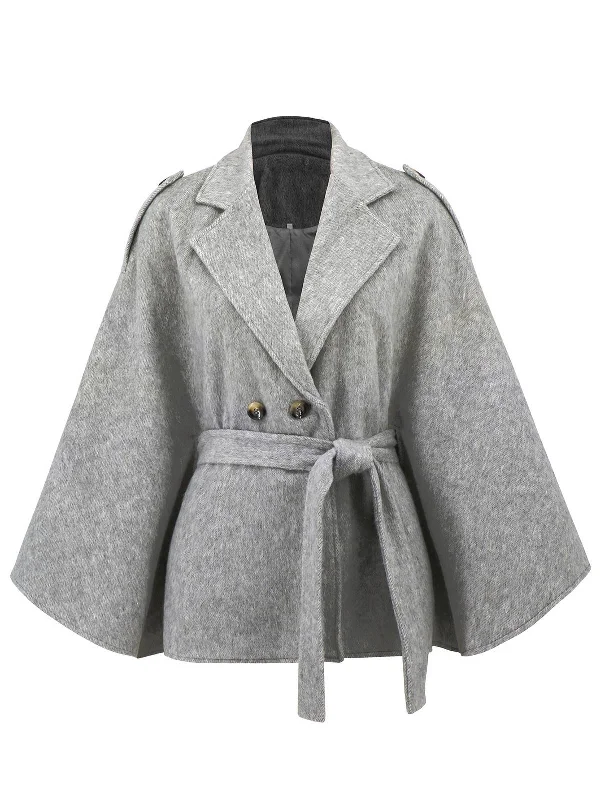 Price Cut Gray 1950s Solid Notched Collar Belted Cloak Coat