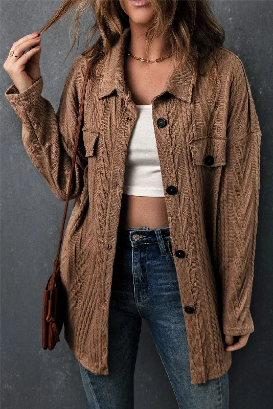 Final Markdown Oversized Khaki Textured Knit Shacket with Button Front