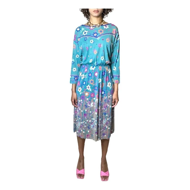 Clearance Sale Original Vintage Virginie Paris Turquoise Floral Print Dress UK 8 - 12