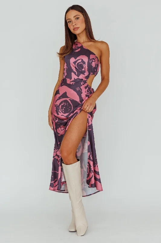 Hurry In Charisma One-Shoulder Cut-Out Maxi Dress Floral Purple